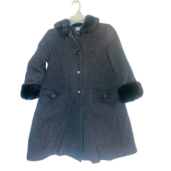 Rothschild Girls Button Down Coat Faux Fur Collar Cuffed Charcoal Gray Size 6X - Picture 1 of 9